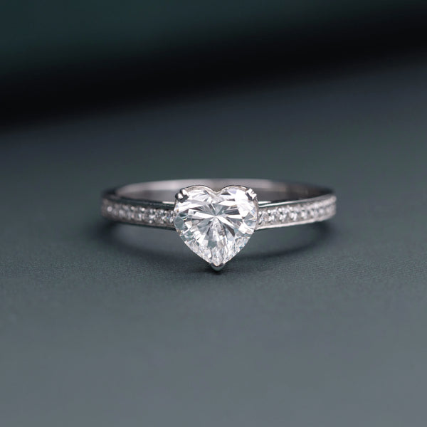 1.14 CT Total Heart Lab-Grown Diamond Engagement Ring with Pavé Band