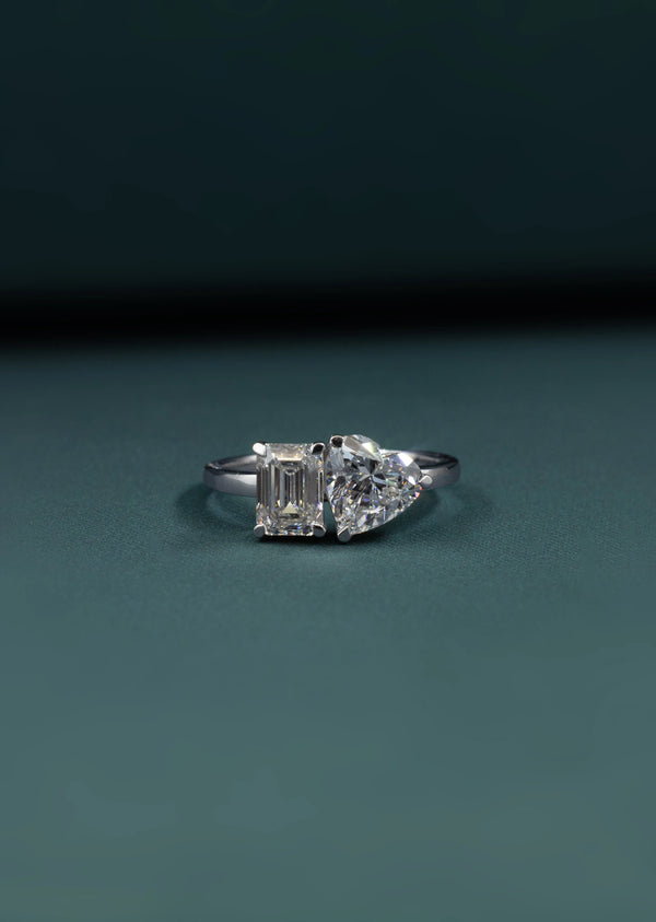 2.66 CTW Pear & Emerald Cut Lab-Grown Diamond Two-Stone Ring in Gold