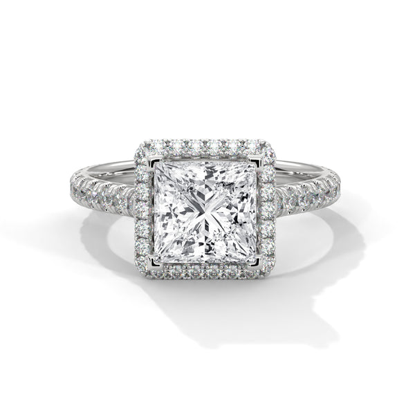 2.57 CT Princess Cut Lab-Grown Diamond Halo Ring with Pavé Band