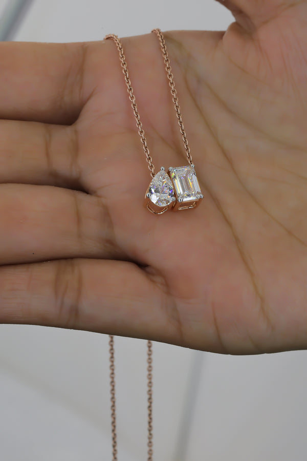 2.61 CT Pear & Emerald Cut Lab-Grown Diamond Dual Pendant in Gold
