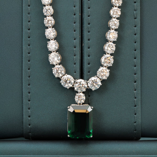 15.45 Ct Lab-Grown Diamond Tennis Necklace & Emerald-Cut Green Pendant Earring Set