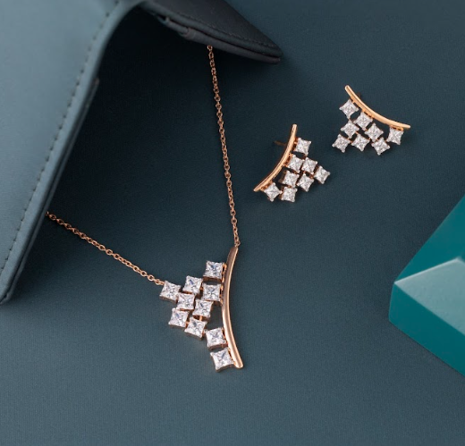 6.78 CT Princess Cut Lab-Grown Diamond Curved Pendant & Earring Set