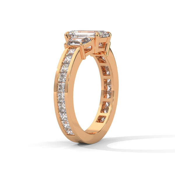 2.95 CT Emerald Cut Lab-Grown Diamond Three-Stone Ring with Trapezoid & Round Accents