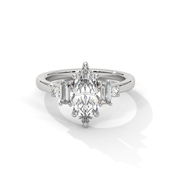 1.85 CT Marquise Cut Lab-Grown Diamond Three-Stone Ring with Emerald & Round Accents