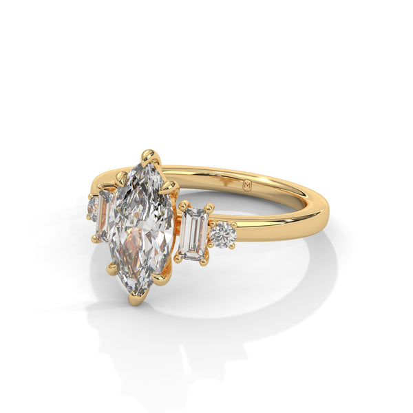 1.85 CT Marquise Cut Lab-Grown Diamond Three-Stone Ring with Emerald & Round Accents