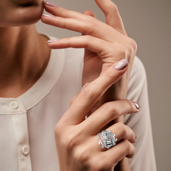 7.30 CT Pear & Emerald Cut Lab-Grown Diamond Designer Ring with Marquise Accents